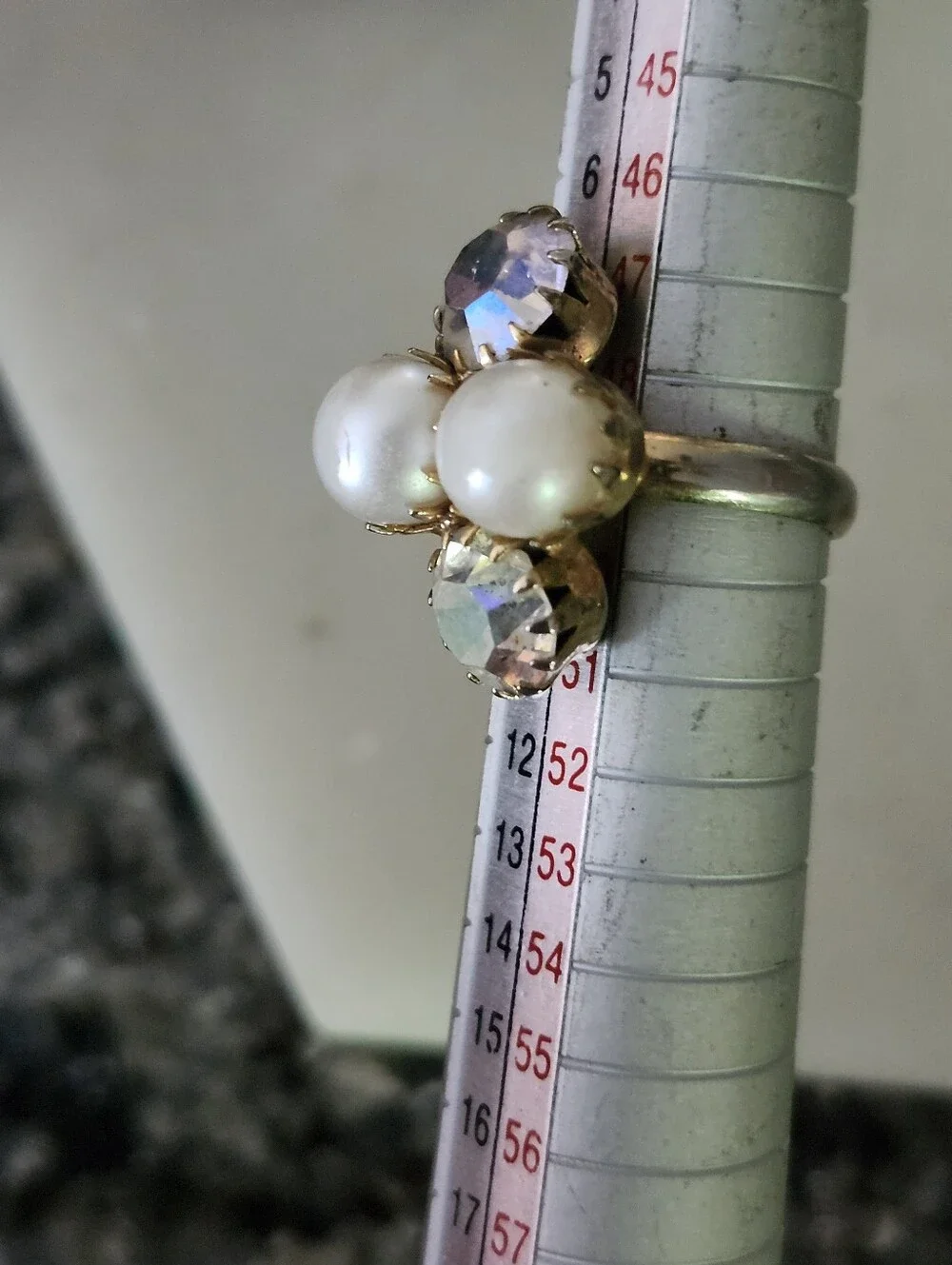 Vtg Faux Pearl and Aurora Crystal Cluster Ring